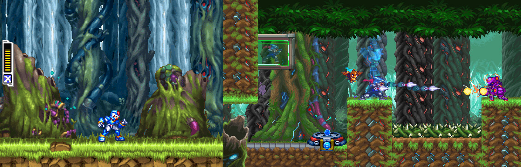 A comparison between Mega Man ZX's opening forest area and the forest area from Berserk Boy