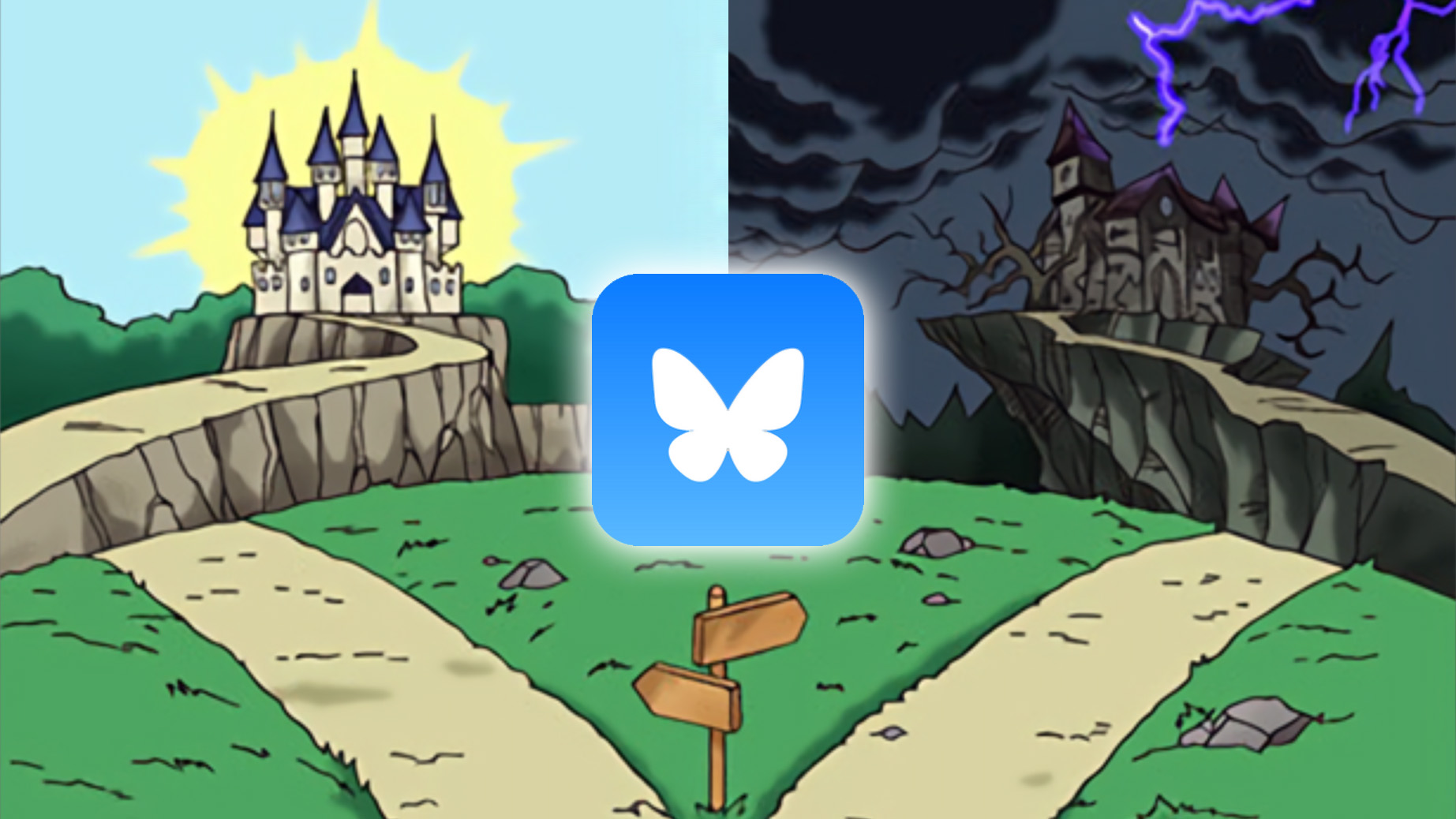 The Bluesky butterfly logo at the crossroads of a split path.